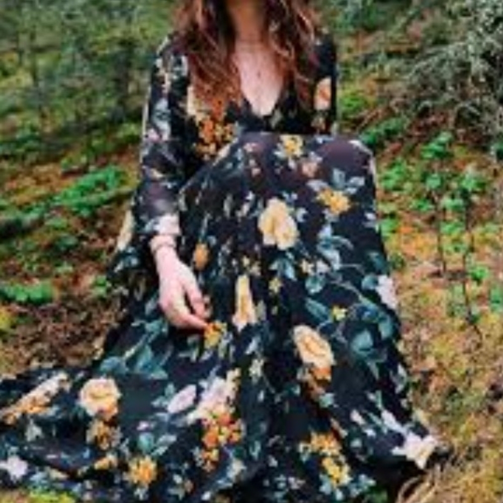 Floral Black Maxi Wrap Dress Size S Garden Boho Wedding Guest - Picture 6 of 6